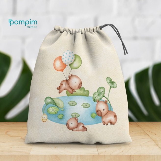 Kit Lembrancinha Sacolinha Surpresa Capivara de tecido personalizado, para festas e aniversários.
