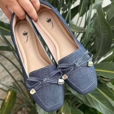 Mocassim Bico Quadrado Feminino Laço Jeans Sapatilha Feminina Casual Estilosa Sandalia Confortável