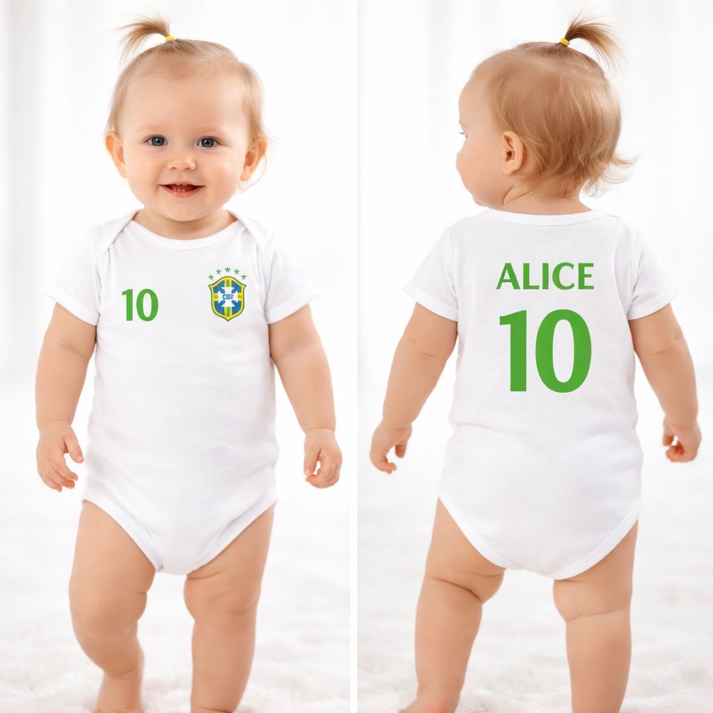 Body Bebe Personalizado com Nome Brasil 2026 Copa 🏆 Bebê Menino/Menina Algodão Premium Personalizado Com Nome