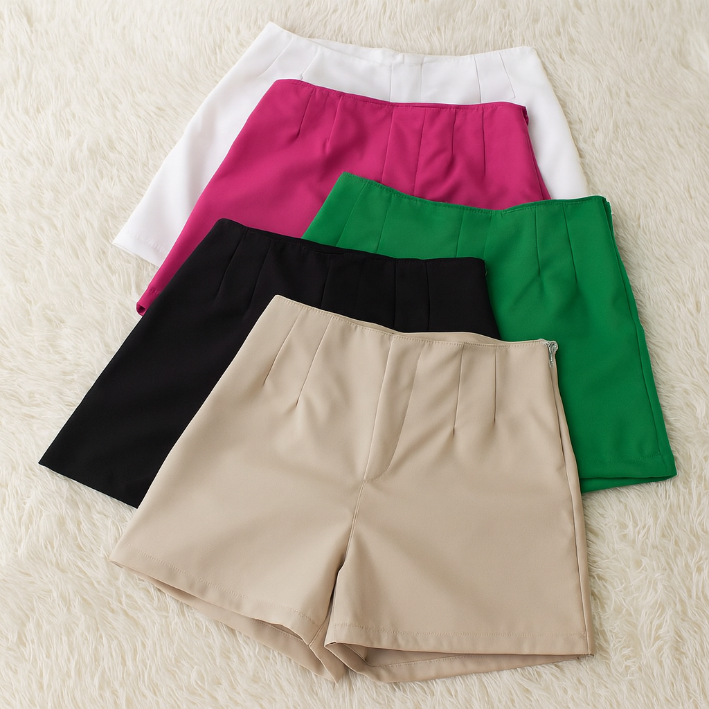 Short Feminino Alfaiataria Social Elastano Zíper Lateral Casual Cintura Alta Presente Dia Das Mãe