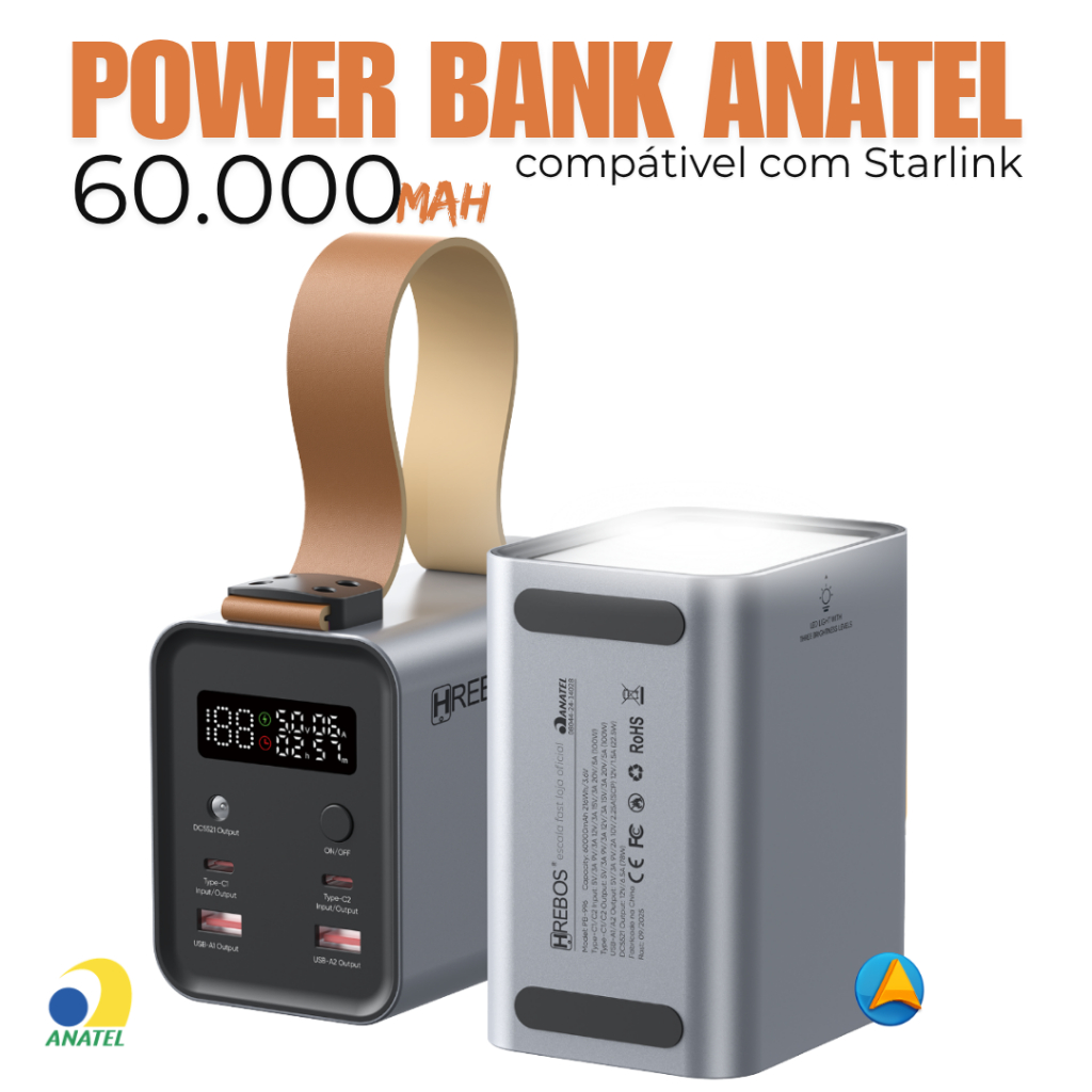 Power Bank 60000 mAh Selo Anatel compatível com Antena Starlink e Liberada para Voos Hrebos de Luxo
