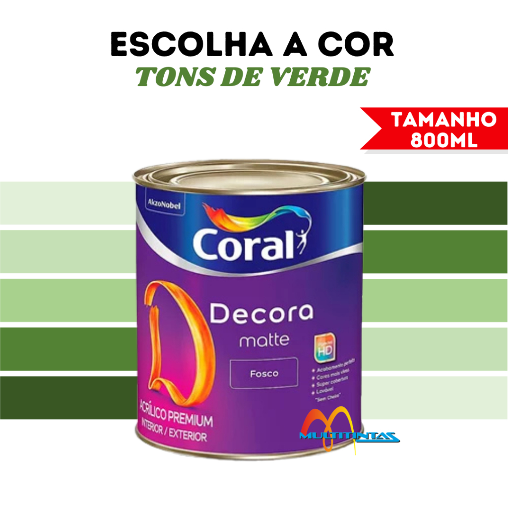 Tinta Parede Fosca Coral 800ml Tons de Verde Premium Decora Matte Cores Verdes Escolha o Tom