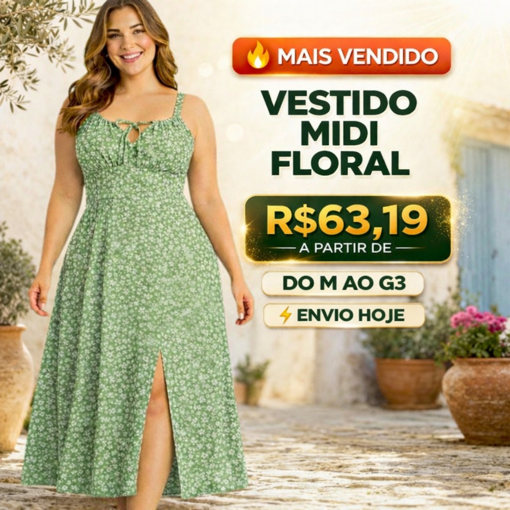 Vestido Midi Floral Verde Romântico Princesa Lastex Ajustável Amarração Busto