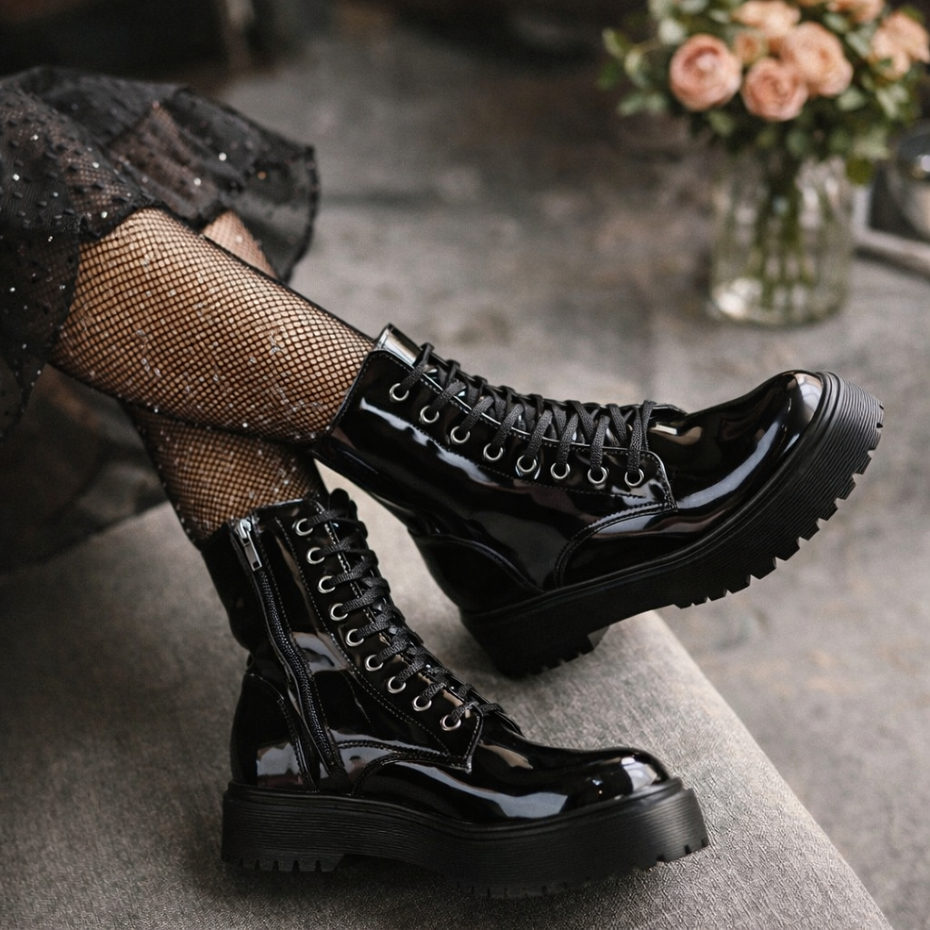 Bota Coturno Cano curto Tratorada Blogueira Preta Fosca Verniz