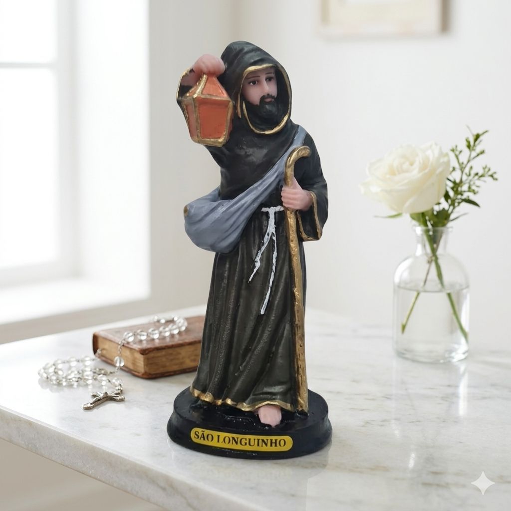 Imagem São Longuinho 15cm Resina Estatueta Religiosa Oração Devoção Altar Presente Católico Artesanal