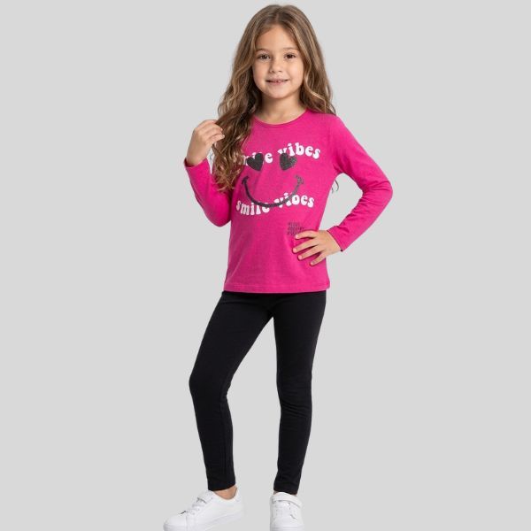Conjunto Infantil Longo de Menina Estampado Camiseta e Legging Confortável de Inverno Frio Meia estação Vibes 4 ao 14