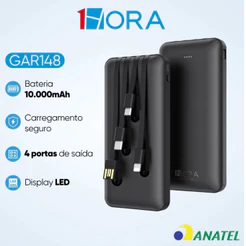 1HORA GAR148 Power Bank 10.000 mah 4 Cabos Modelo Carga Rápida Portátil Celular Tablet Fone