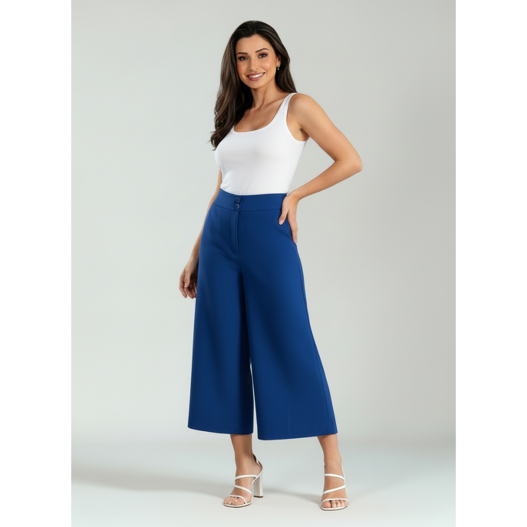Calça Pantacourt Feminina Linho Capri Midi Botão Bolso Perna Larga Flare Cintura Alta Ocasional