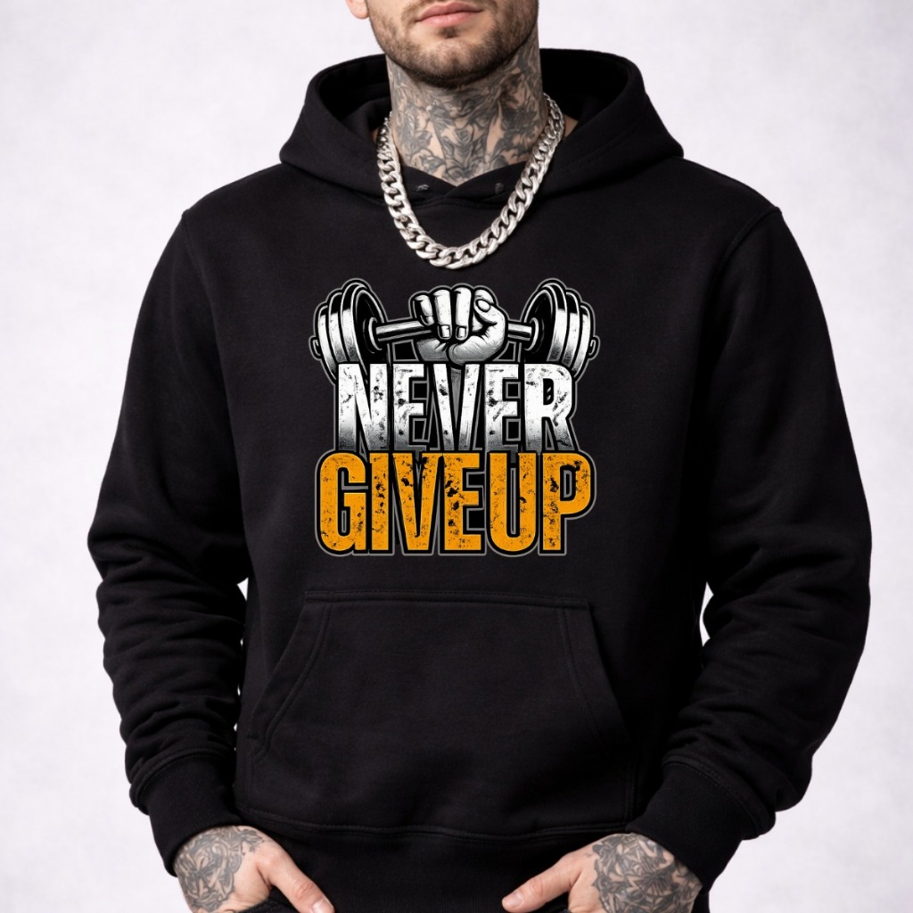 Moletom Canguru Caso de Frio Masculino Flanelado Quentinho Estiloso Moda Casual Estampado NEVER GIVEUP