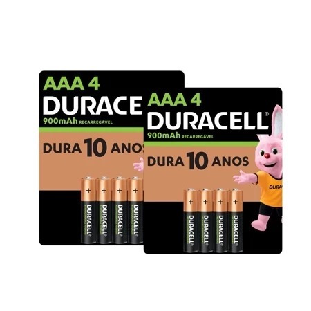 Kit Duracell Com 8 Pilhas Recarregáveis AAA Palito