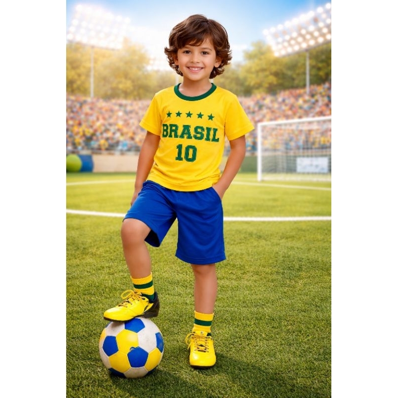 Conjunto Infantil Seleção Brasileira Brasil 10 Camisa + Short Menino Amarelo e Azul
