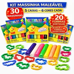 Kit 30 Unidades de Massinha + 20 moldes Forminhas Sortidas para modelar Infantil (5 caixas 65gr)