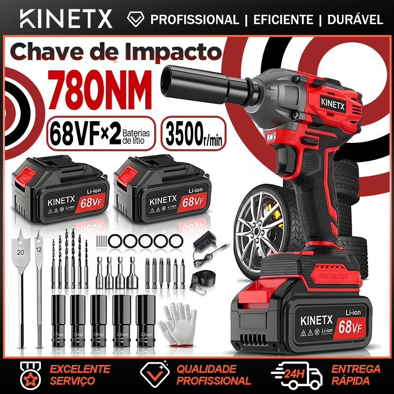 kit Chave de Impacto 68Vf 2Baterias 780NM 42Peças Brushless Elétrica Parafusadeira Furadeira Sem Fio Motor 3em1