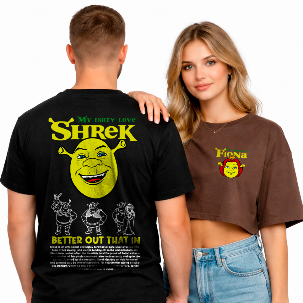 Camiseta Casal e Cropped Oversized Unissex Shrek Sherek & Fiona Ogro FC (LEIA A DESCRIÇÃO)
