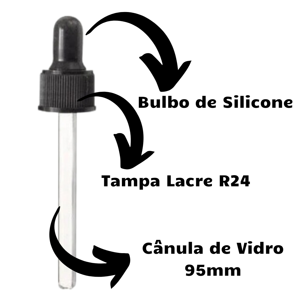 Conta Gotas Rosca R24, Cânula 95mm, Bulbo E Tampa Preta ou Branca - 20 Unidades