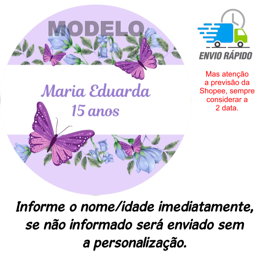 Tag Adesiva para Aniversário Personalizada Jardim Borboleta (4cm a 9cm) Vários Tamanhos e Qtde - Latinha - Sacolinha