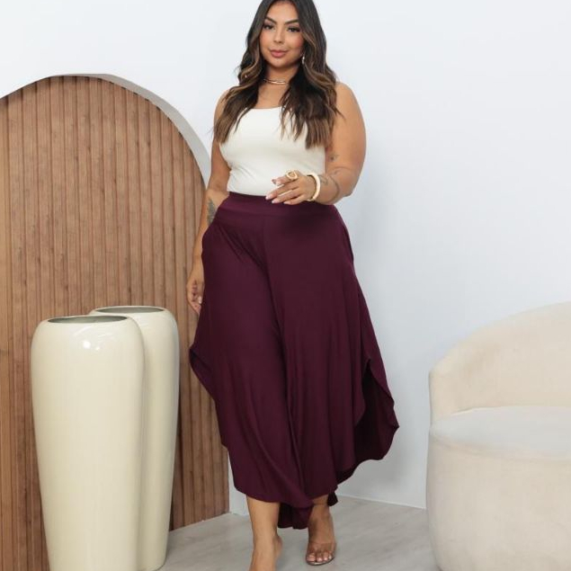 Calça Feminina Pantalona Envelope Godê Viscolycra com Bolsos Calça Saia