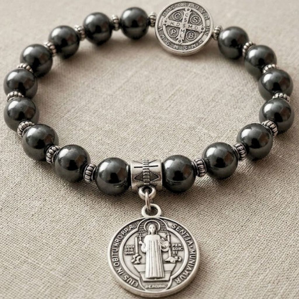 Pulseira São Bento de Pedras Hematita - Medalha Oração São Bento