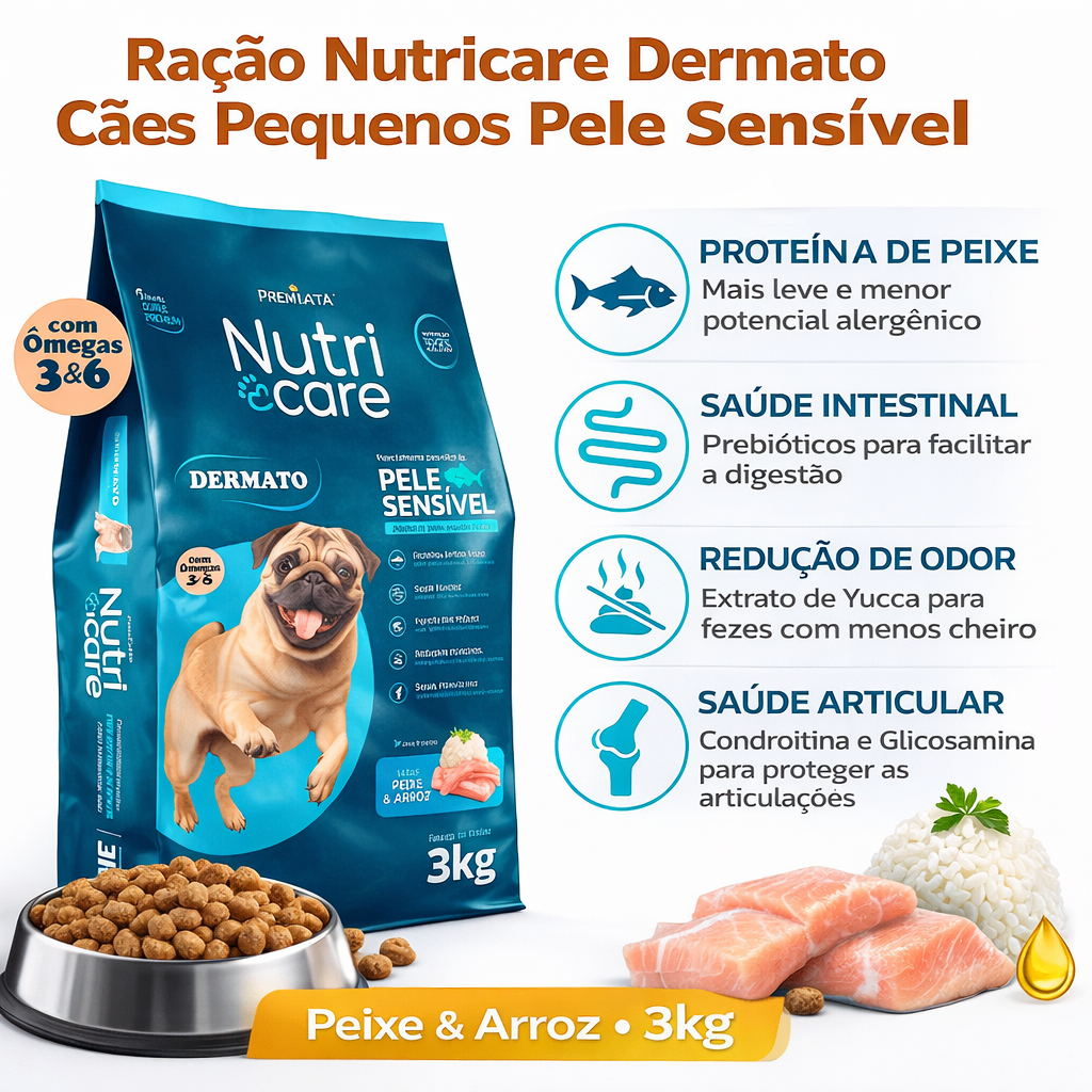 Ração Premiatta Nutricare Dermato 3kg Cães Pequenos Pele Sensível Peixe e Arroz