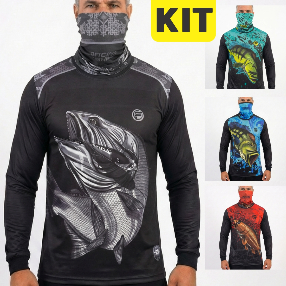 Kit Camisa Camiseta De Pesca + Bandana C/ Proteção Térmica Uv50 Dryfit Masculina