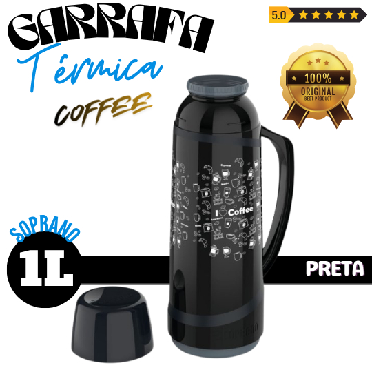 GARRAFA TÉRMICA ROLHA 1 LITRO SOPRANO / INVICTA COFFEE CORES ROSÉ, CINZA FENDI, PRETA DECORADAS.