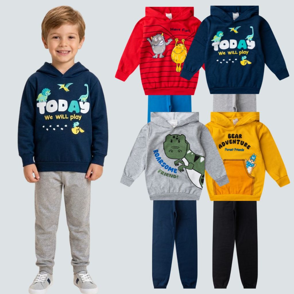 Kit 8 Peças Casaco + Calça Moletom Inverno Masculino Menino Infantil Roupas Frio Quentinho Algodão