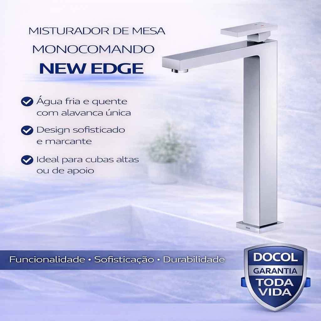 Torneira Monocomando Para Banheiro Bica Alta Cromado New Edge Docol - Premium