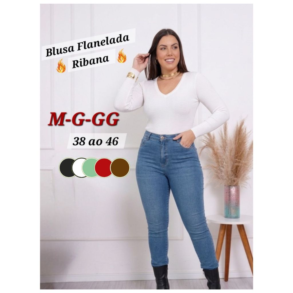 Blusa Feminina Ribana Manga Longa Flanelada Gola V, Blusa de Frio Flanelada Manga Lonfa Gola V