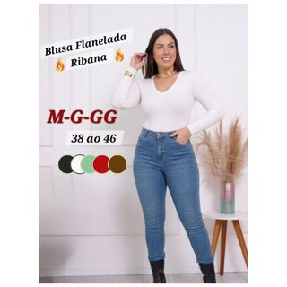 Blusa Feminina Ribana Manga Longa Flanelada Gola V, Blusa de Frio Flanelada Manga Lonfa Gola V