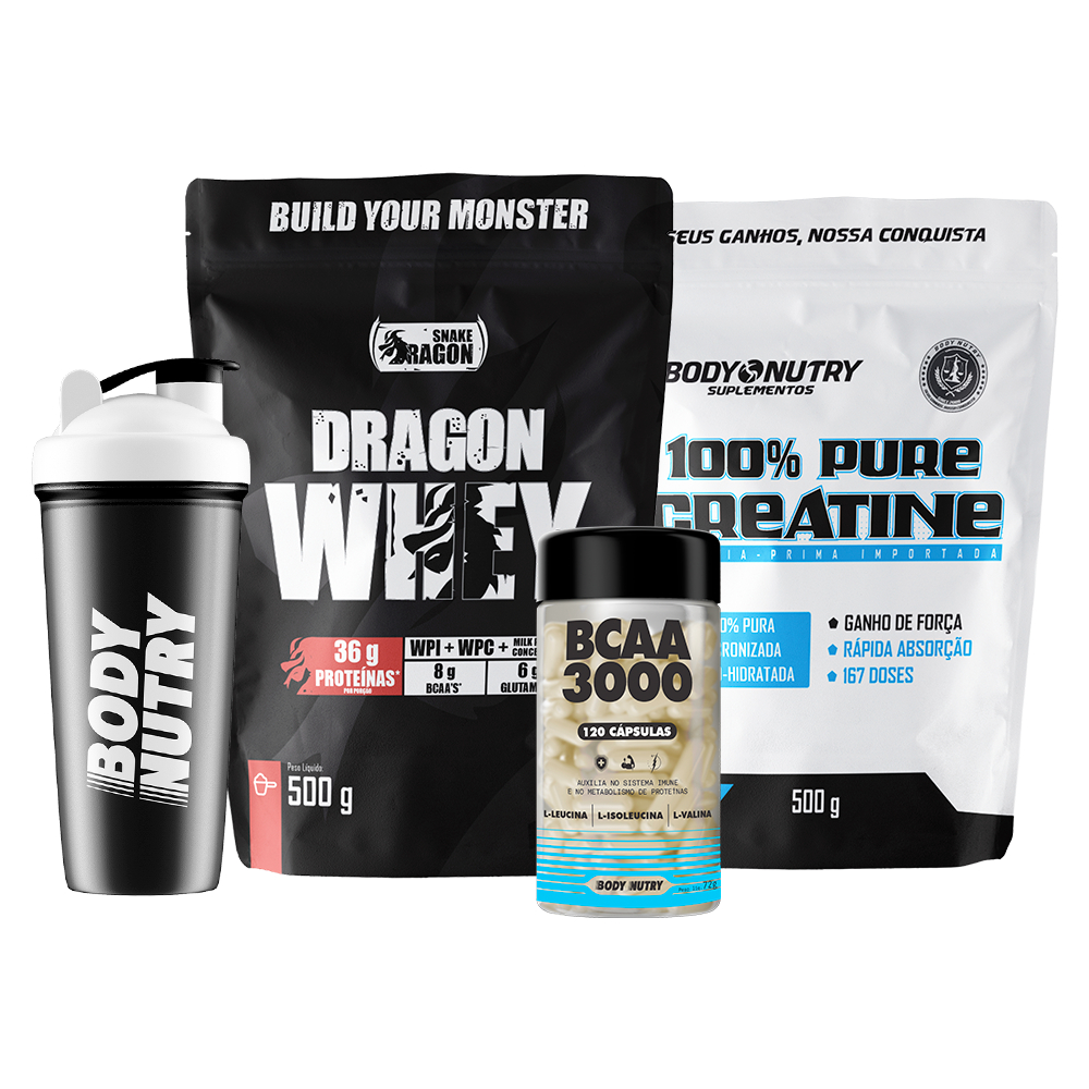 Kit Whey Protein isolado + Concentrado, 500g + Creatina 100% Pura 500g  + BCAA 3000, 120 cáps + Coq