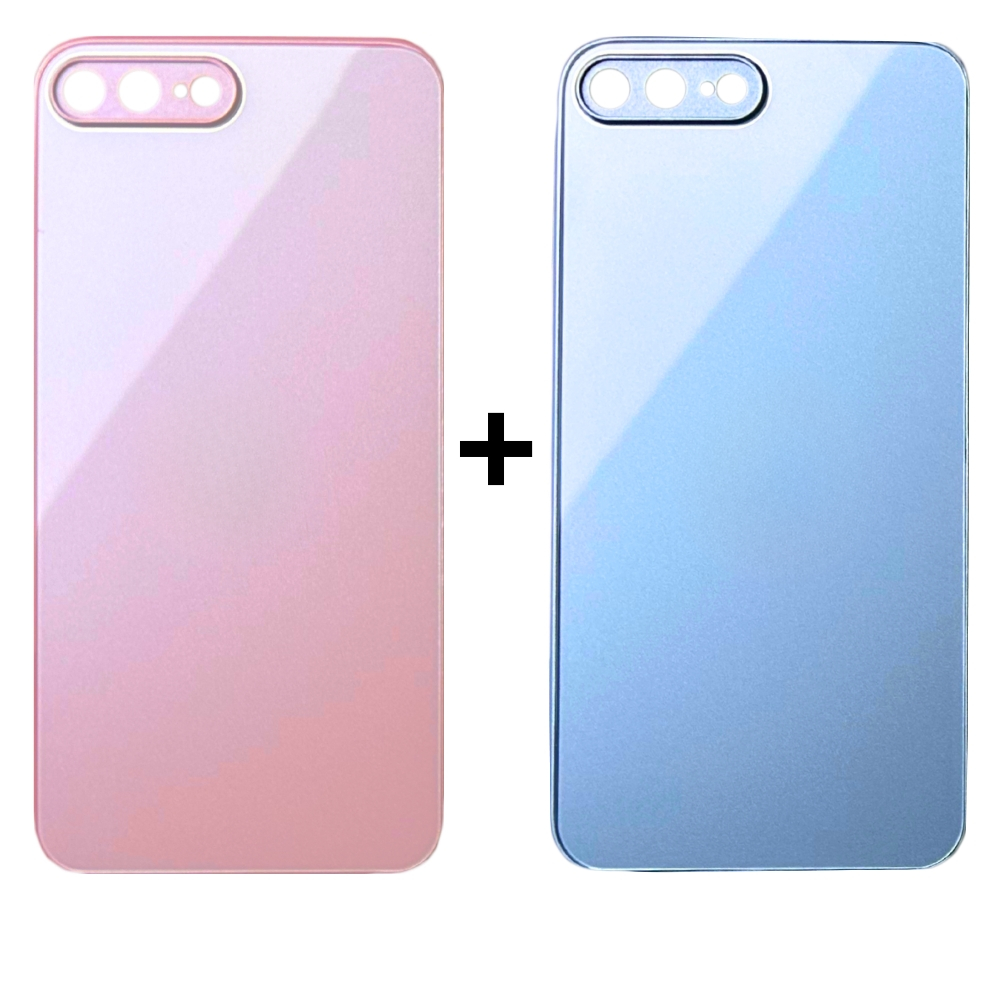 Kit 2 Capinhas de Iphone 7 Plus Iphone 8 Plus Vidro Espelhado Rosa Claro e Azul Claro Luxo Fechada na Câmera