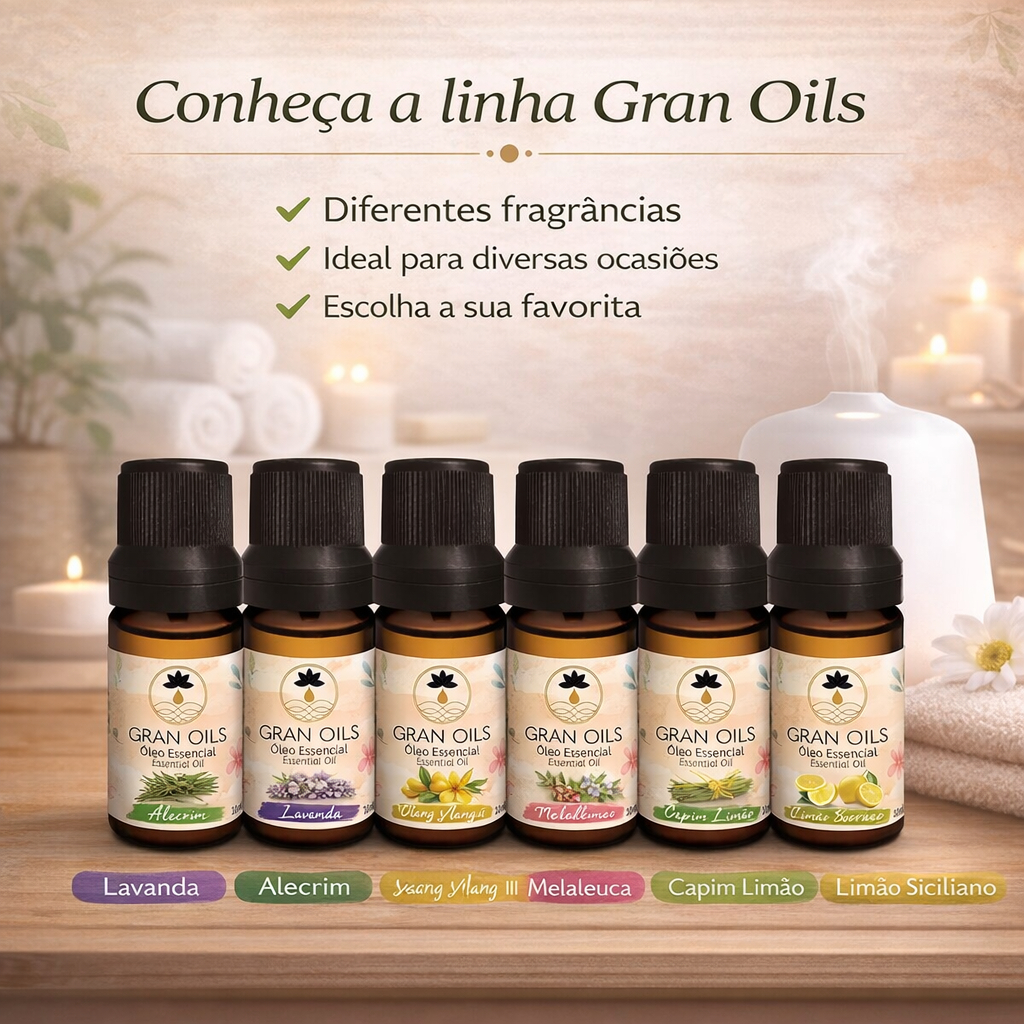 Óleo essencial Melaleuca Alecrim Capim Limão Siciliano Lavanda Ylang Ylang Gran Oils 10ml