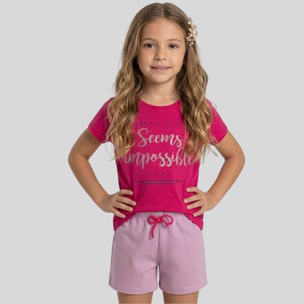 Conjunto Infantil Feminino Verão Blusa Meia Malha 100% Algodão com Frase Shorts Moletinho Liso Confortável Menina