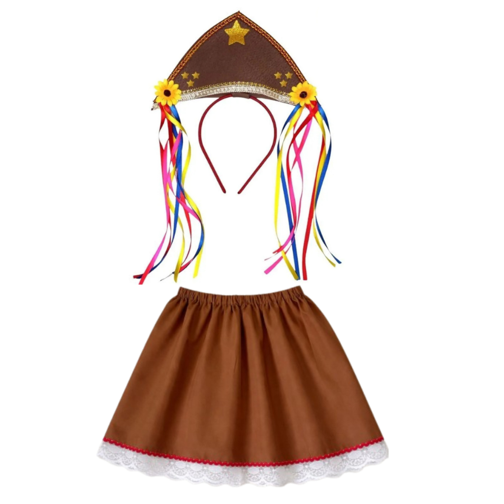 Kit Saia e Tiara Fantasia Infantil Maria Bonita Cangaceira Nordeste Festa Junina