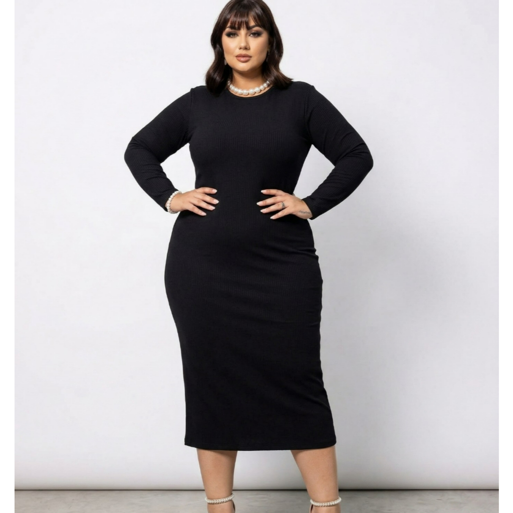 Vestido Midi Canelado Plus Size Manga Longa Elegante Confortavel