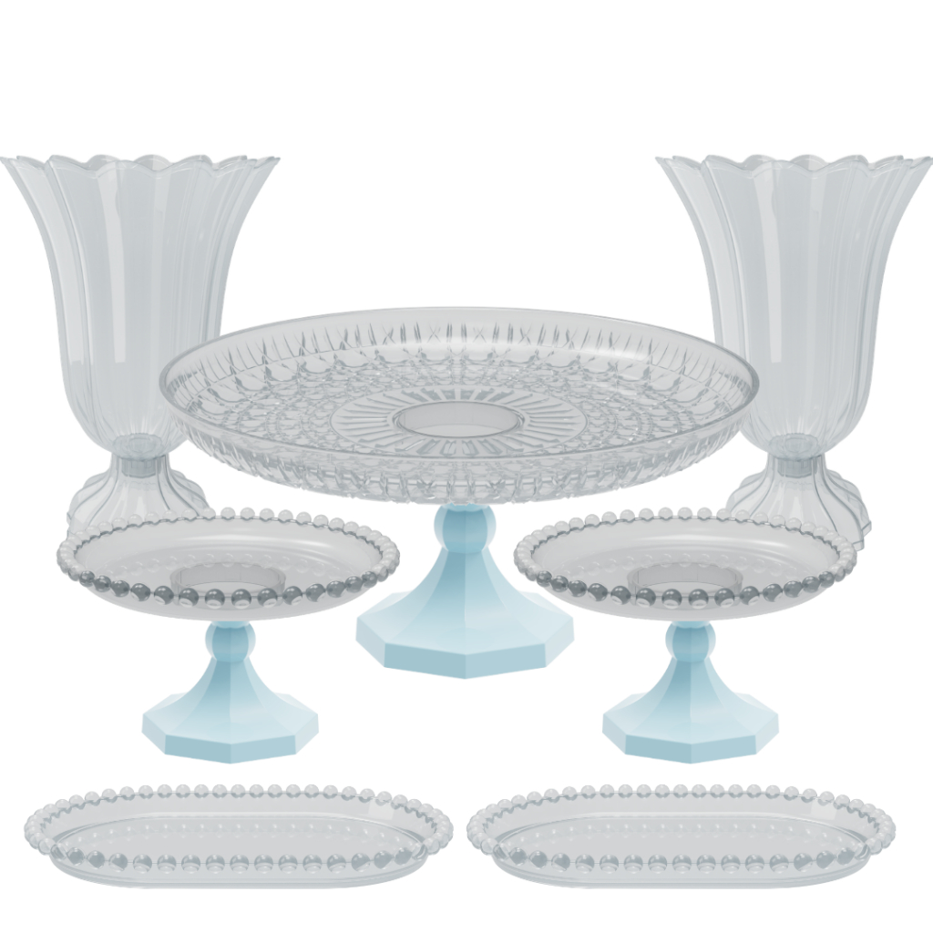 Kit Festivo 7 Peças Aniversário Cristal Mesa Decoração Vasos Boleira