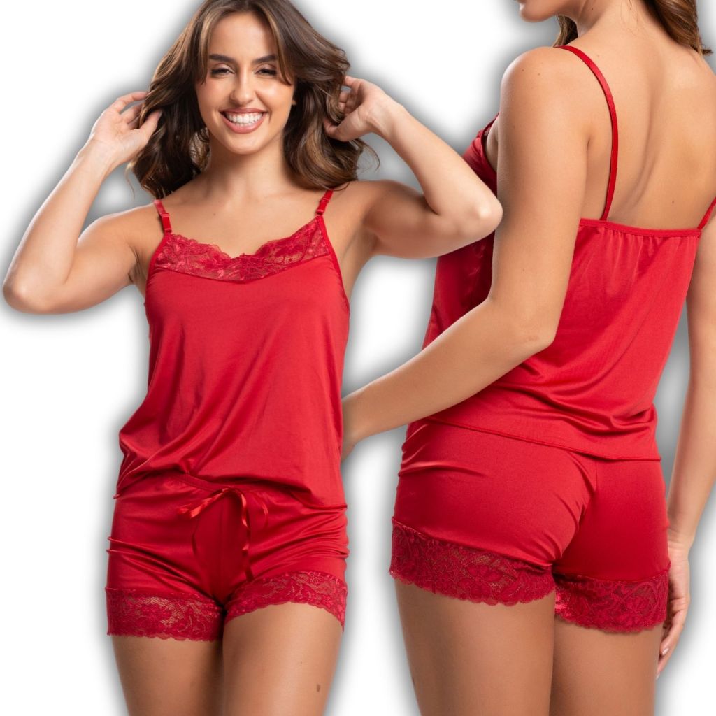 Kit 3 Short Doll Feminino Camisete e Short Microfibra Com Renda Confortável Sexy em Oferta na Shopee