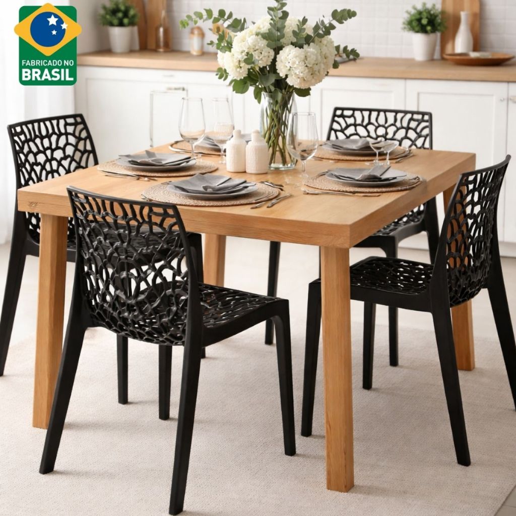 Kit 4 Cadeira de Jantar Gruvyer Preta Moderna Resistente com proteção UV Cozinha Jardim e Área Gourmet Igreja
