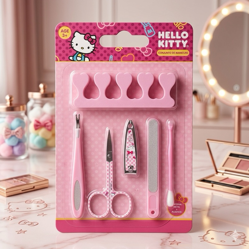 Kit Manicure Infantil Hello Kitty 5 Peças Cortador Tesoura Lixa Estojo Higiene Unha