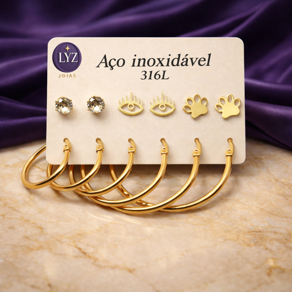 Kit Brincos Femininos Aço Inox 316L Argola Zircônia Olho Mão Antialérgico Não Escurece Dourado Prata