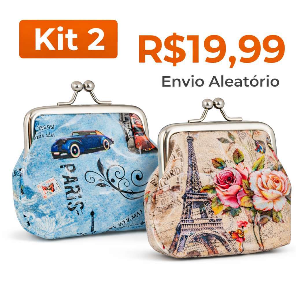 Kit 2 Porta Moedas Feminina Vintage Paris Floral Bolsa Pequena Fecho Metal Mini Carteira Aleatória Moda