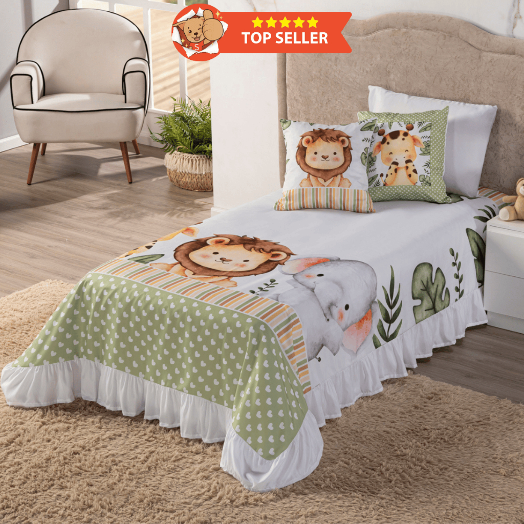 Kit Colcha Cobre - Leito 06 peças 1,70x2,30 Safari Baby Ideal p/ Decoração Quarto Infantil Solteiro
