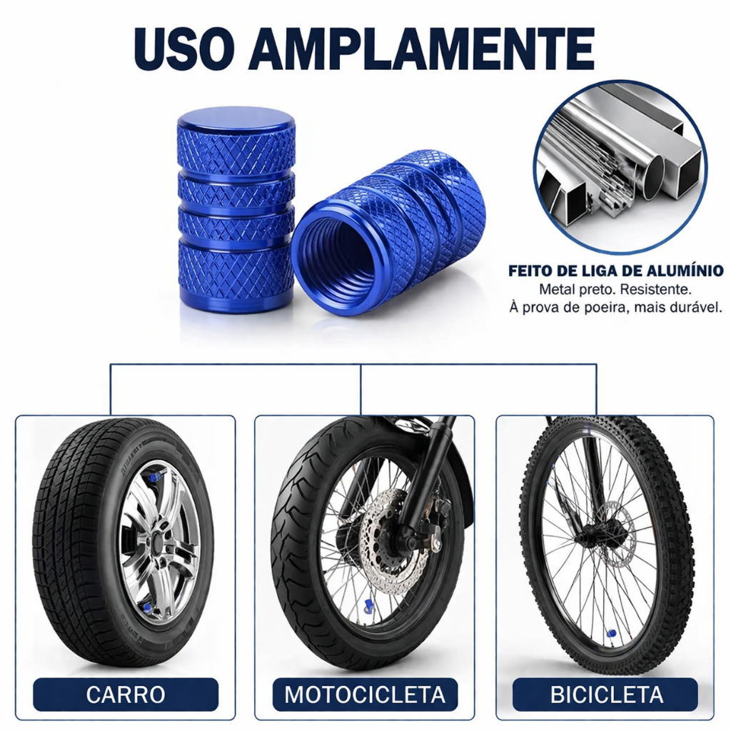 Tampa Válvula Pneu Alumínio Kit 2 ou 4 Carro Moto Bicicleta Bico de Ar Universal — imagem 2 de 2