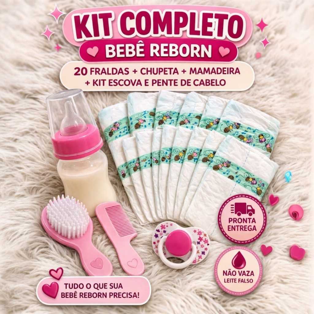 Kit Bebê Reborn Completo 20 Fraldas + Mamadeira + Chupeta Magnética + Escova e Pente