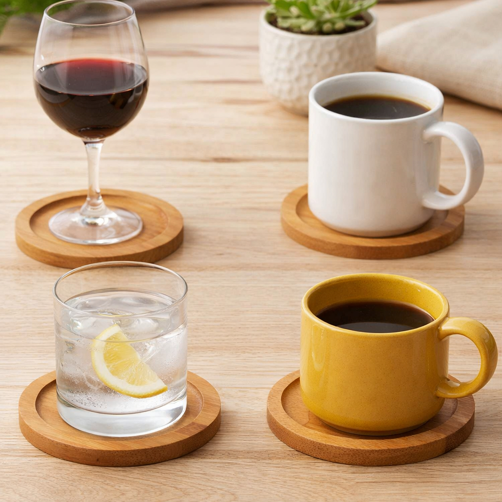 Kit 4 Porta Copos Bambu Redondo Bolacha Protetor de Mesa para Copos e Canecas