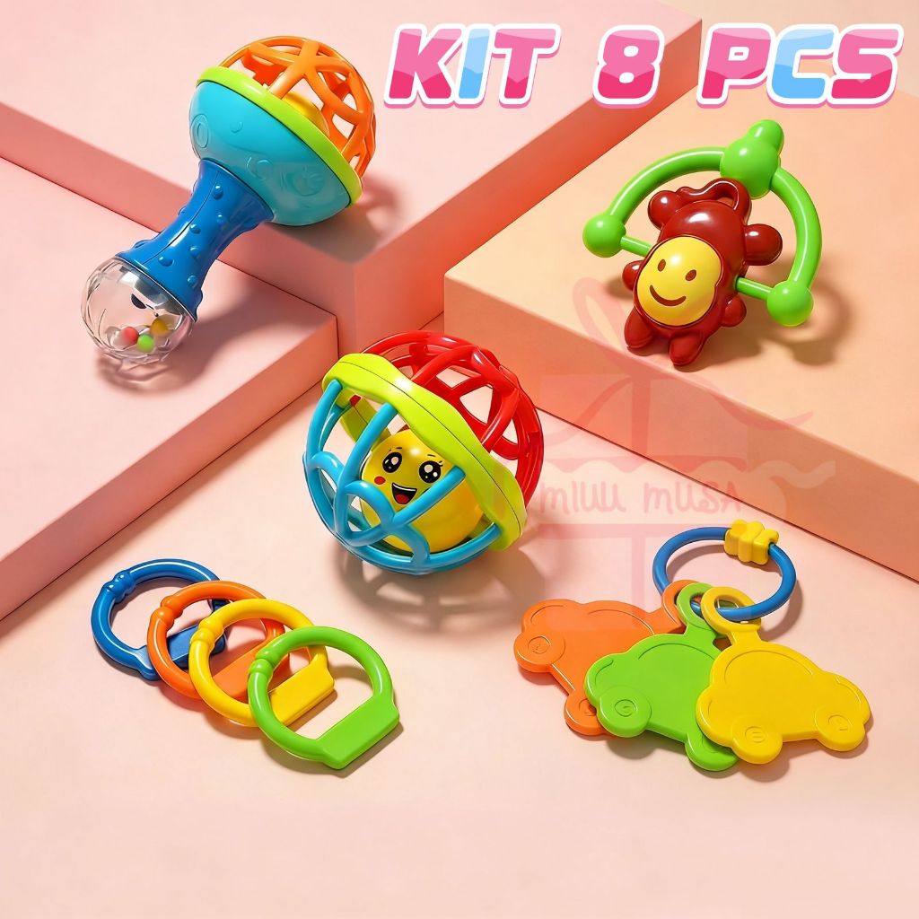 Kit8 Brinquedo Bebe Chocalho Mordedor Silicone Macio Bola Colorida Presente Para Menina e Menino Móbile para Berço