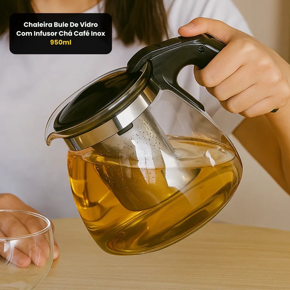 Chaleira Bule Vidro Inox Infusor Embolo Cafe Cha 950ml Transparente Resistência
