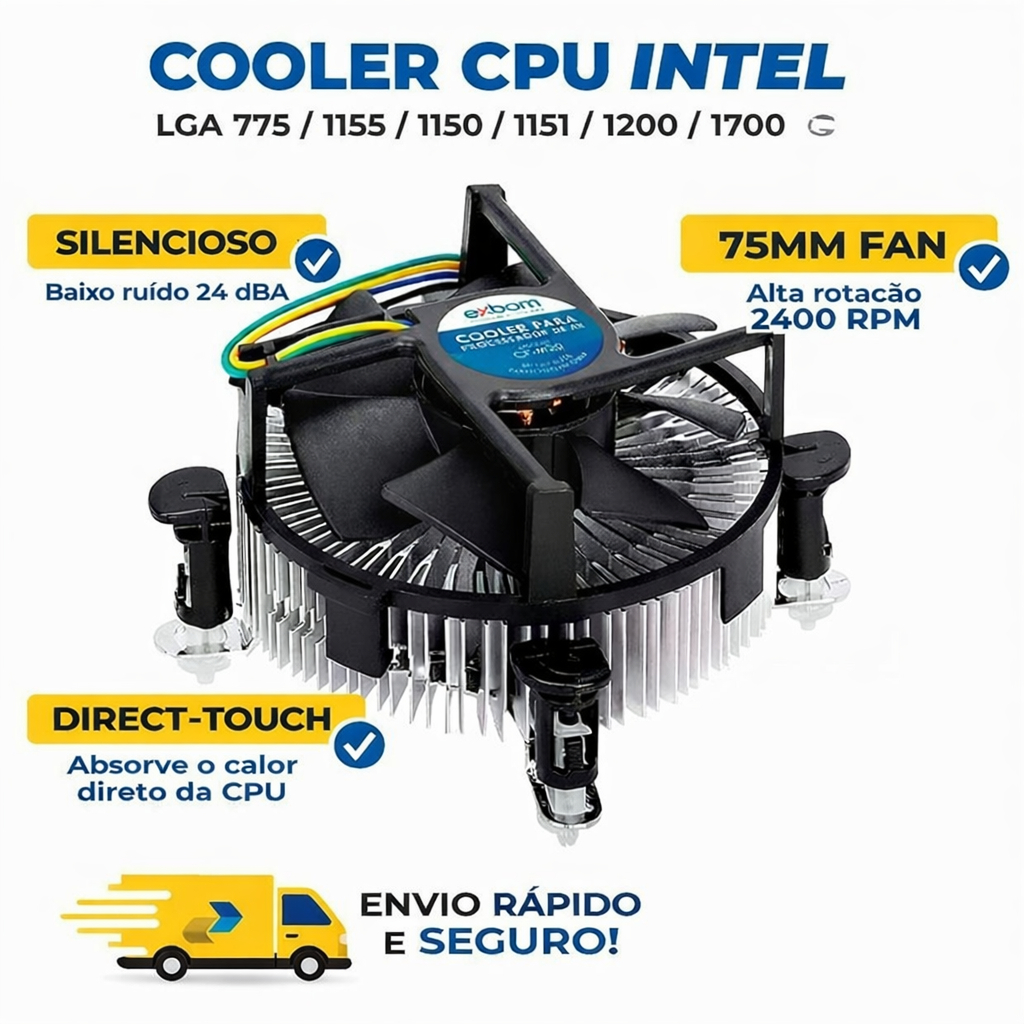 Cooler Processador Intel LGA 775 1155 1150 1151 1200 1700 Silencioso 2400RPM CPU