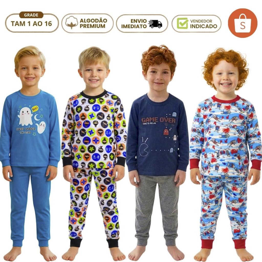 Kit 4 Pijama Masculino Infantil Frio Inverno Algodão Gamer Hérois Manga Longa Menino e Calça Punho