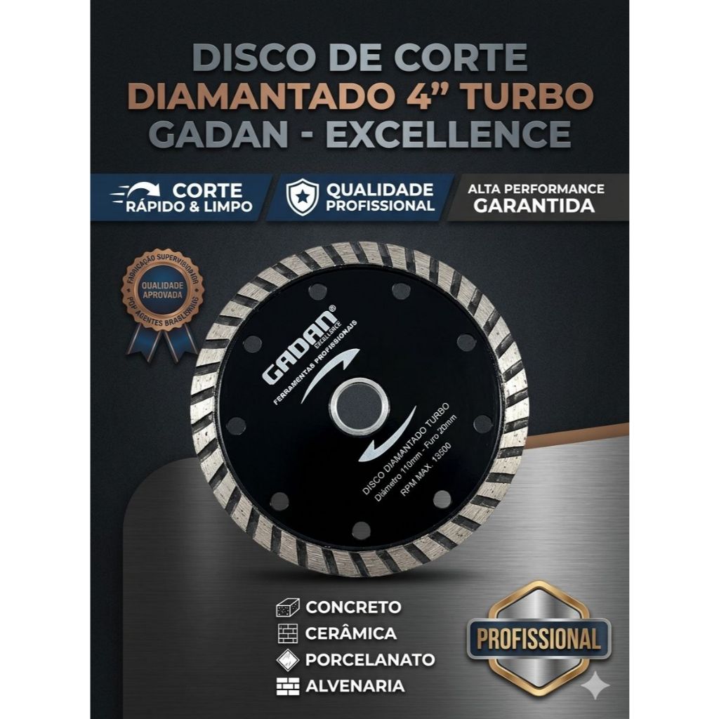 Disco de Corte Diamantado 4" Turbo Corte Rápido Concreto Cerâmica Alvenaria  Alta Performance